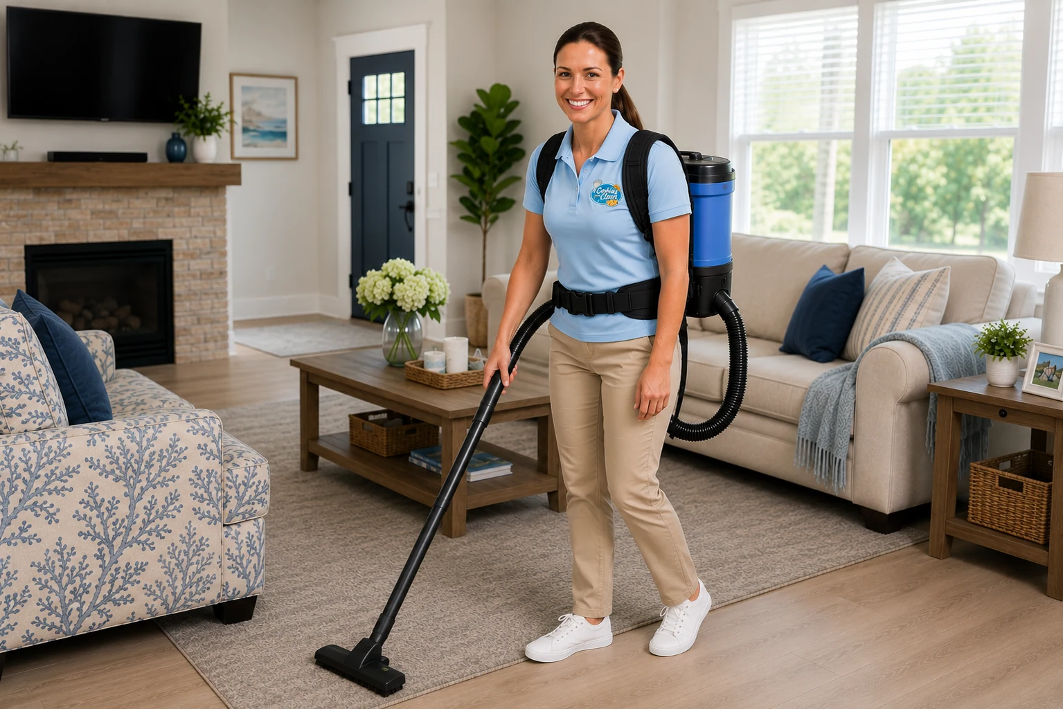 Cleaner vacuuming a bright living room