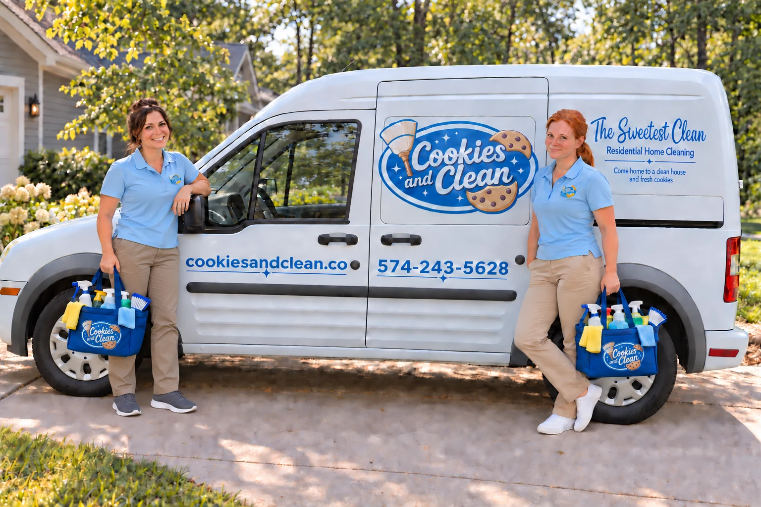 Whitney and a teammate holding blue Cookies and Clean supply bags beside the branded van